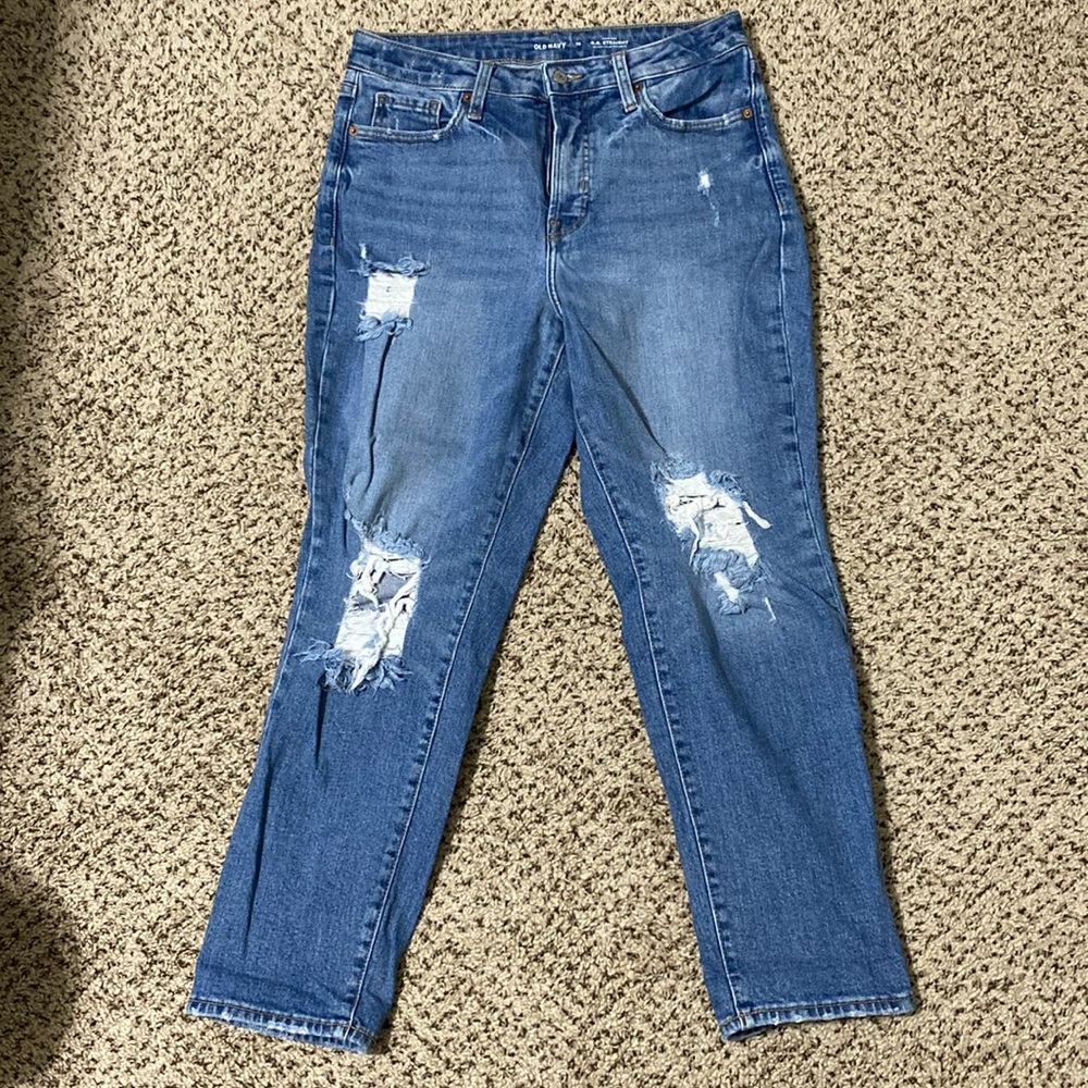 Old Navy high rise O.G. straight ankle blue jeans with distressed knees